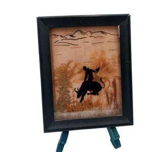 Antique Bull Rider Cowboy Silhouette Pressed Flowers Bitter Root Montana Steer W